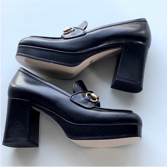 Gucci Houdan Black Leather Gold Horsebit Platform Slip On Loafers S 39 1/2 - Picture 7 of 12